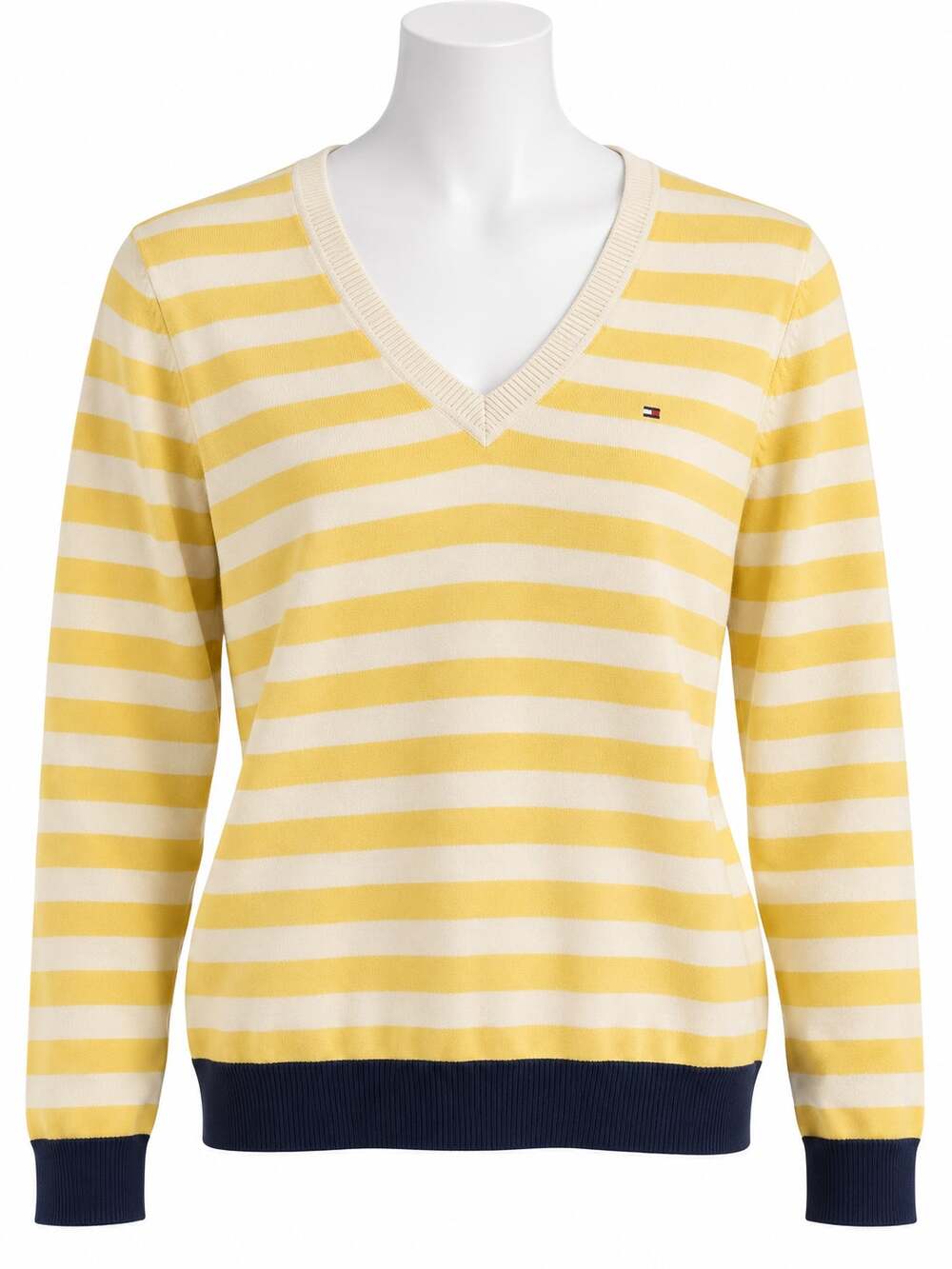 Tommy Hilfiger Vintage Striped Sweater Yellow White V Neck Nautical Womens XL